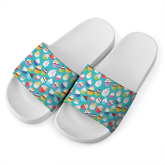 Cartoon Cupcake Pattern Print White Slide Sandals