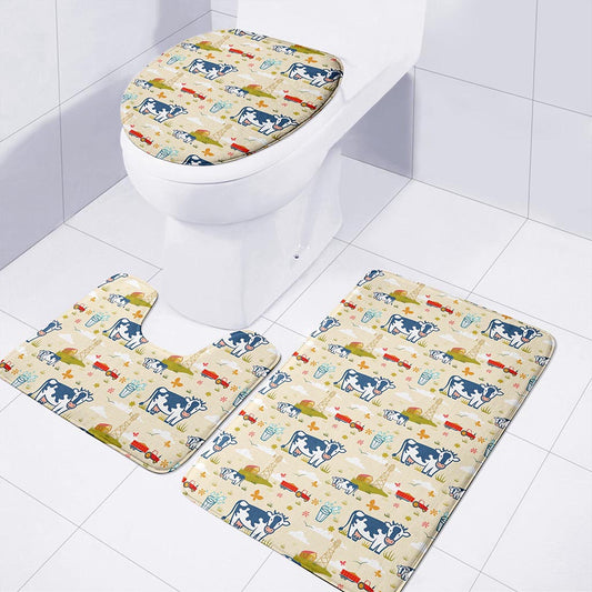Cartoon Dairy Cow Farm Pattern Print 3 Piece Bath Mat Set