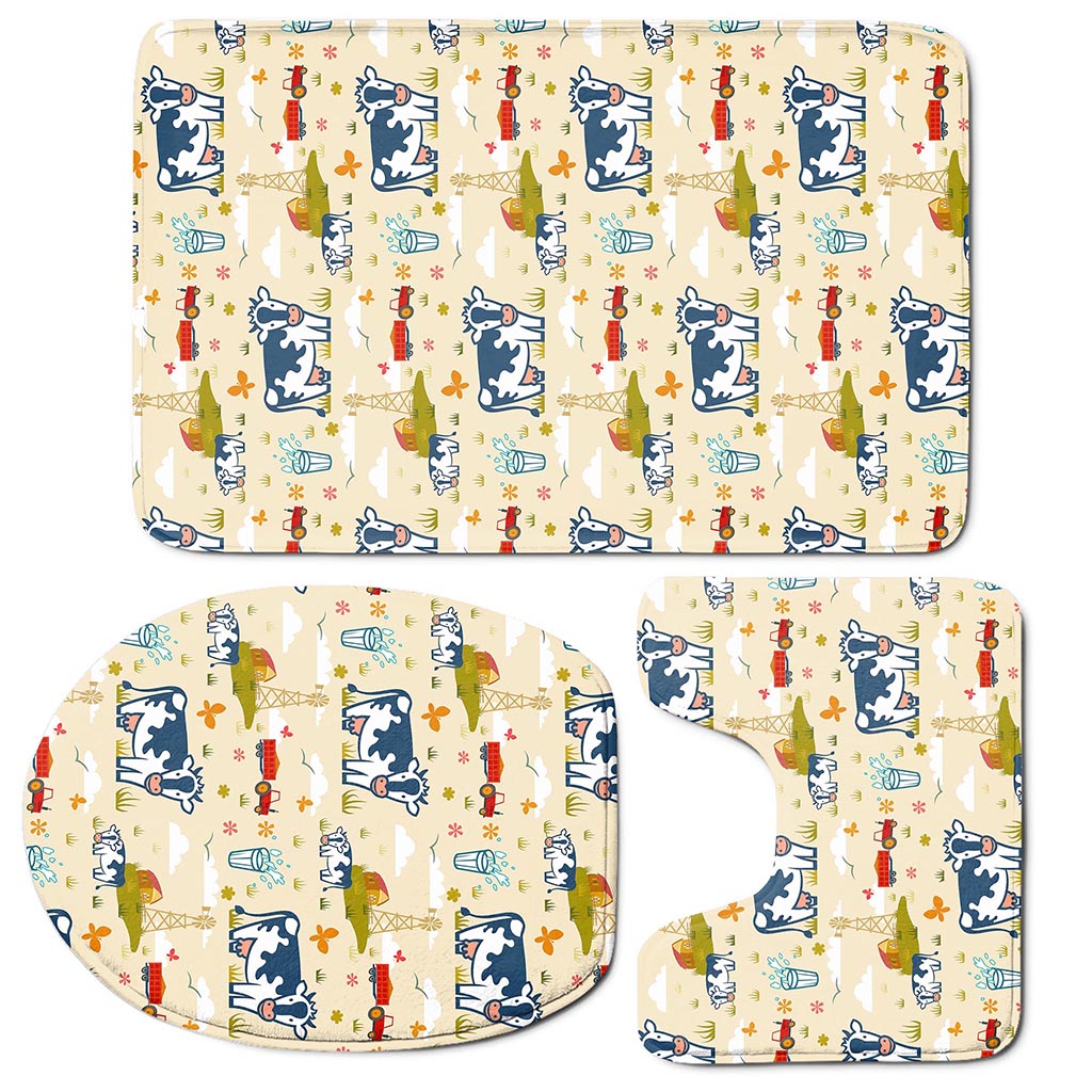 Cartoon Dairy Cow Farm Pattern Print 3 Piece Bath Mat Set