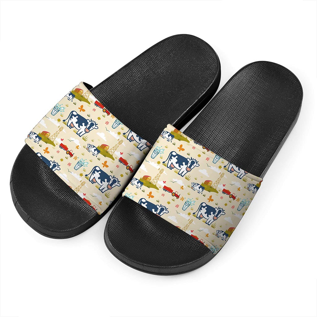Cartoon Dairy Cow Farm Pattern Print Black Slide Sandals