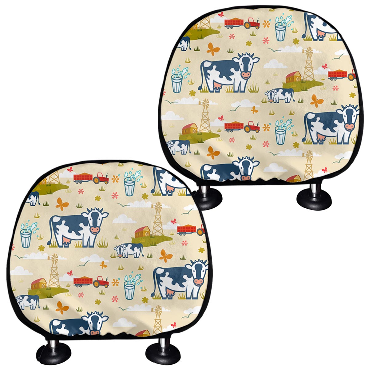 Cartoon Dairy Cow Farm Pattern Print Car Headrest Covers