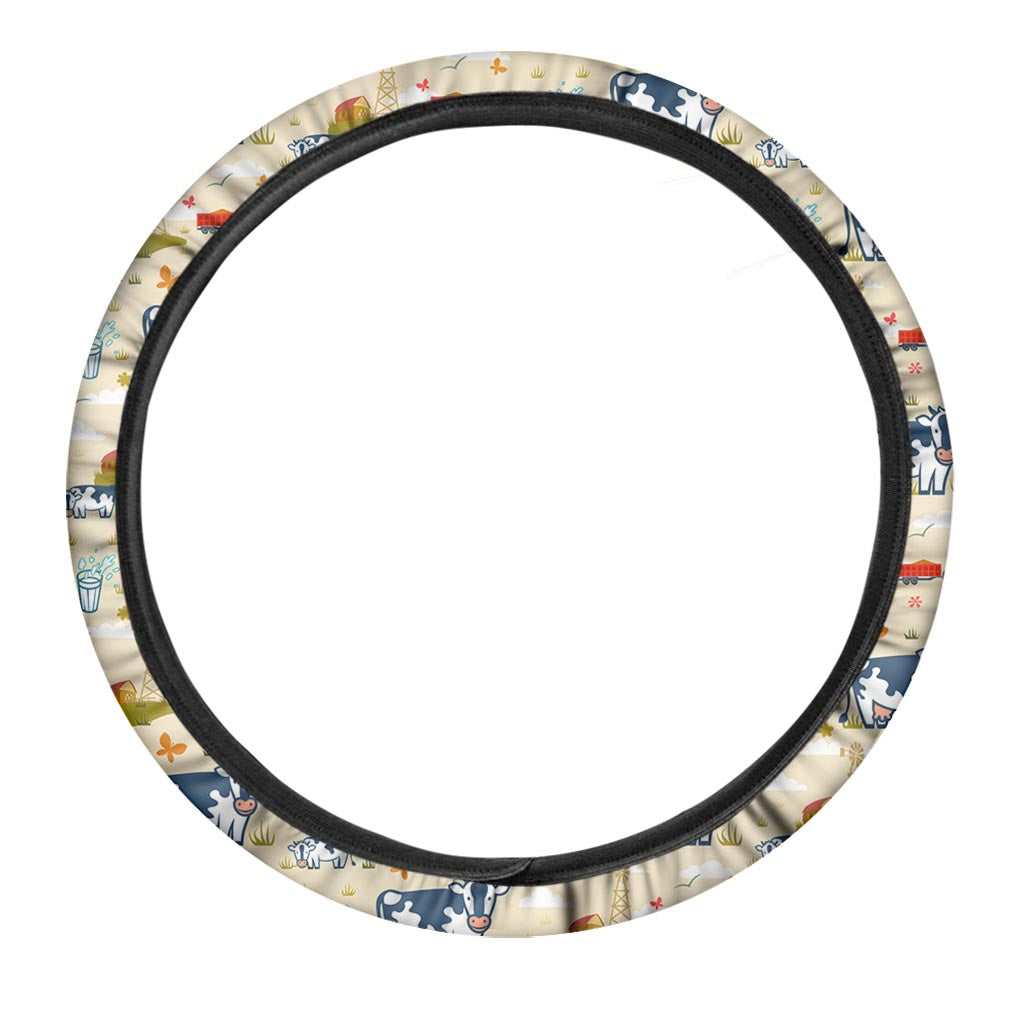 Cartoon Dairy Cow Farm Pattern Print Car Steering Wheel Cover