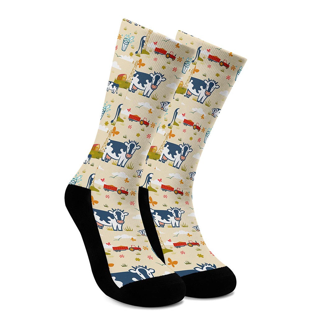 Cartoon Dairy Cow Farm Pattern Print Crew Socks