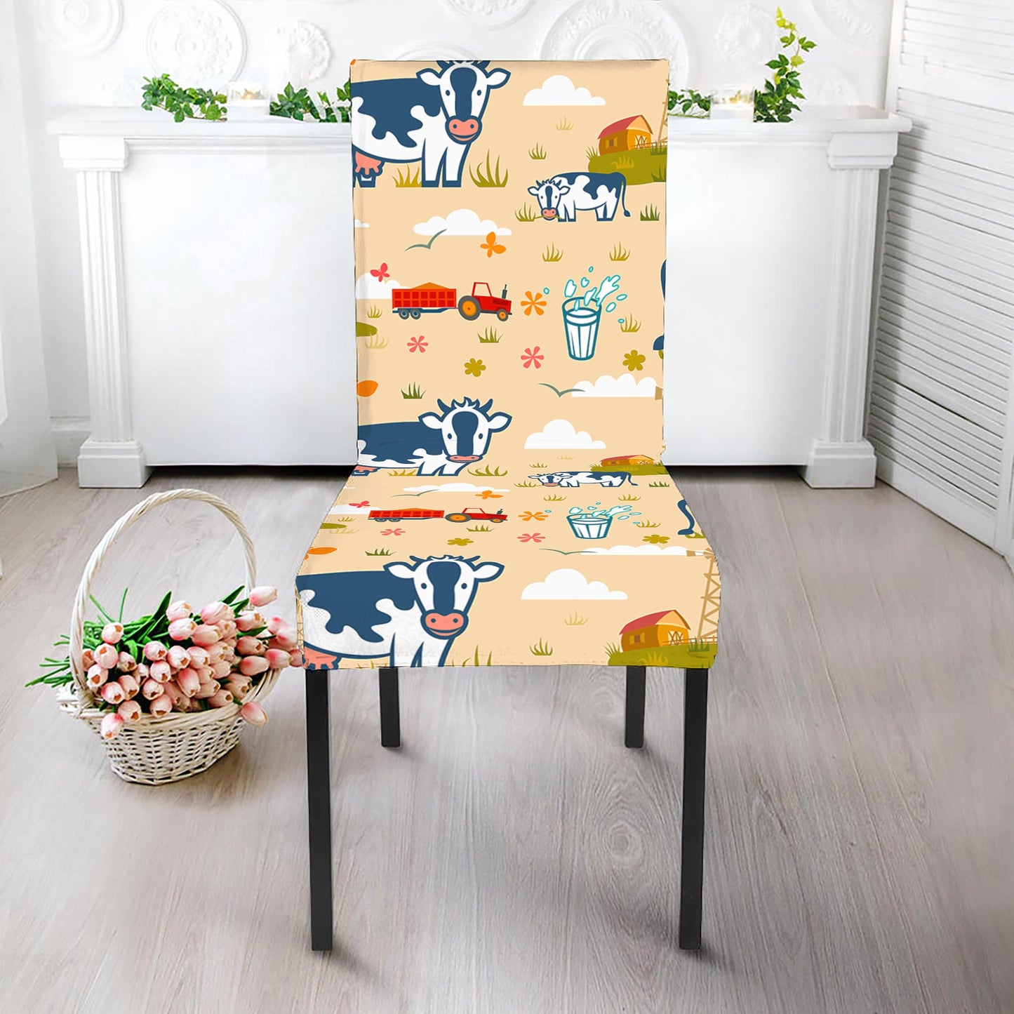 Cartoon Dairy Cow Farm Pattern Print Dining Chair Slipcover