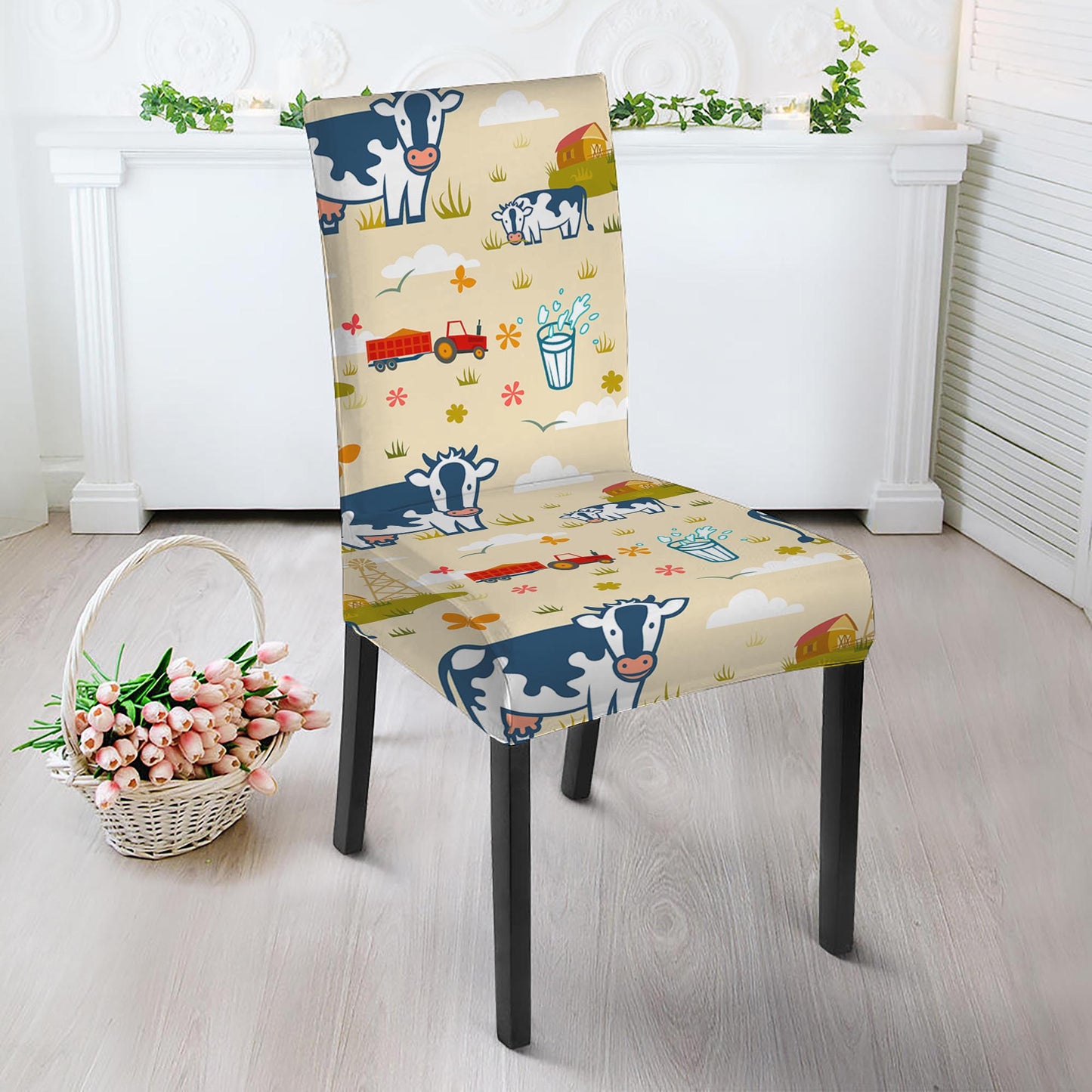 Cartoon Dairy Cow Farm Pattern Print Dining Chair Slipcover