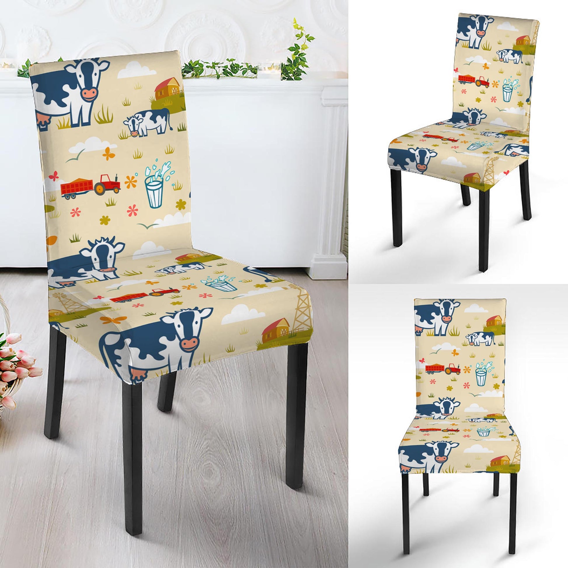 Cartoon Dairy Cow Farm Pattern Print Dining Chair Slipcover