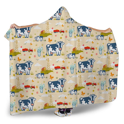 Cartoon Dairy Cow Farm Pattern Print Hooded Blanket