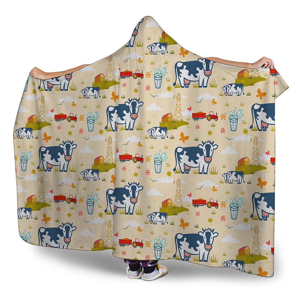 Cartoon Dairy Cow Farm Pattern Print Hooded Blanket