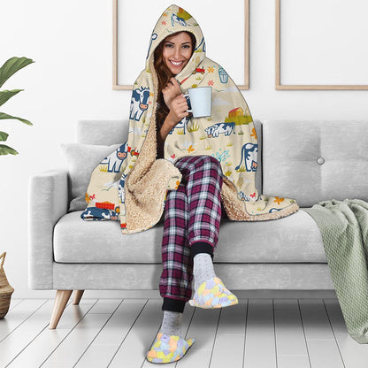Cartoon Dairy Cow Farm Pattern Print Hooded Blanket