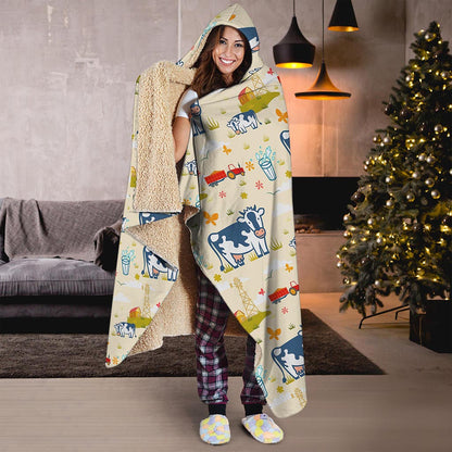 Cartoon Dairy Cow Farm Pattern Print Hooded Blanket