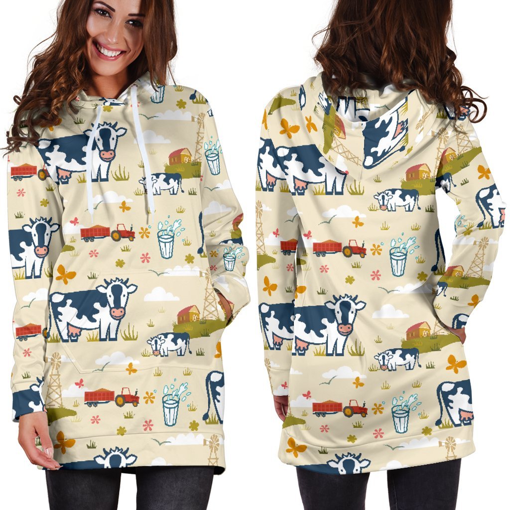 Cartoon Dairy Cow Farm Pattern Print Hoodie Dress GearFrost