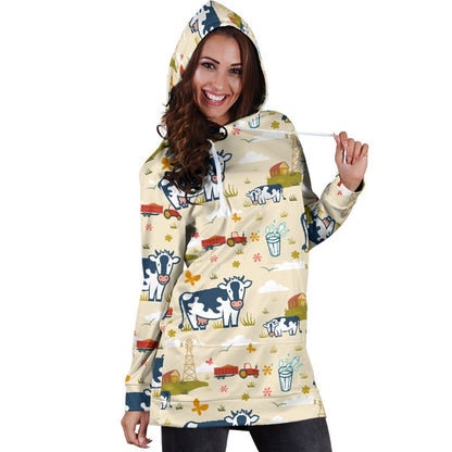 Cartoon Dairy Cow Farm Pattern Print Hoodie Dress GearFrost