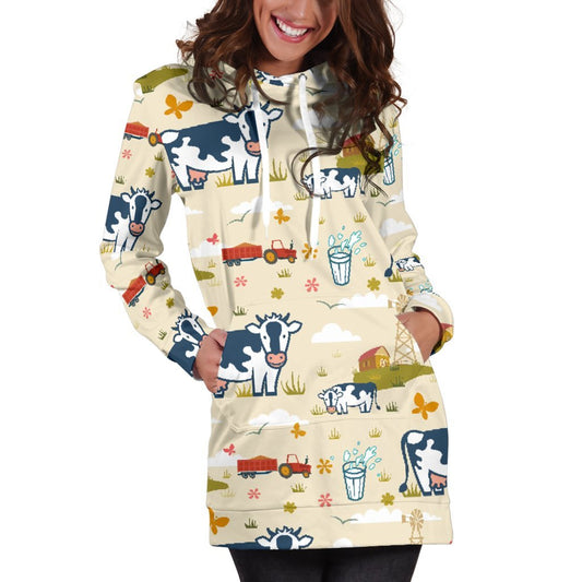 Cartoon Dairy Cow Farm Pattern Print Hoodie Dress GearFrost