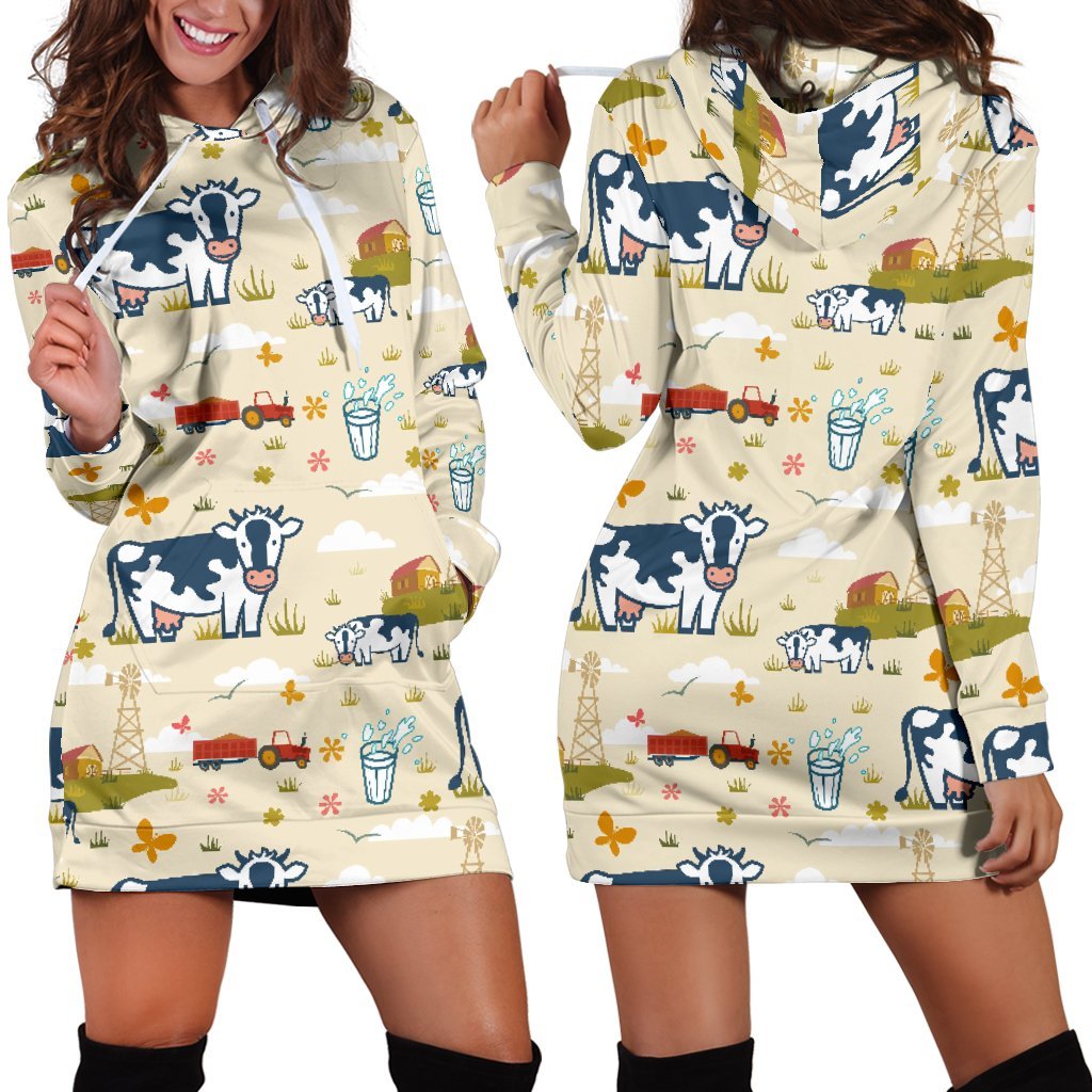 Cartoon Dairy Cow Farm Pattern Print Hoodie Dress GearFrost