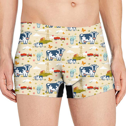 Cartoon Dairy Cow Farm Pattern Print Men's Boxer Briefs