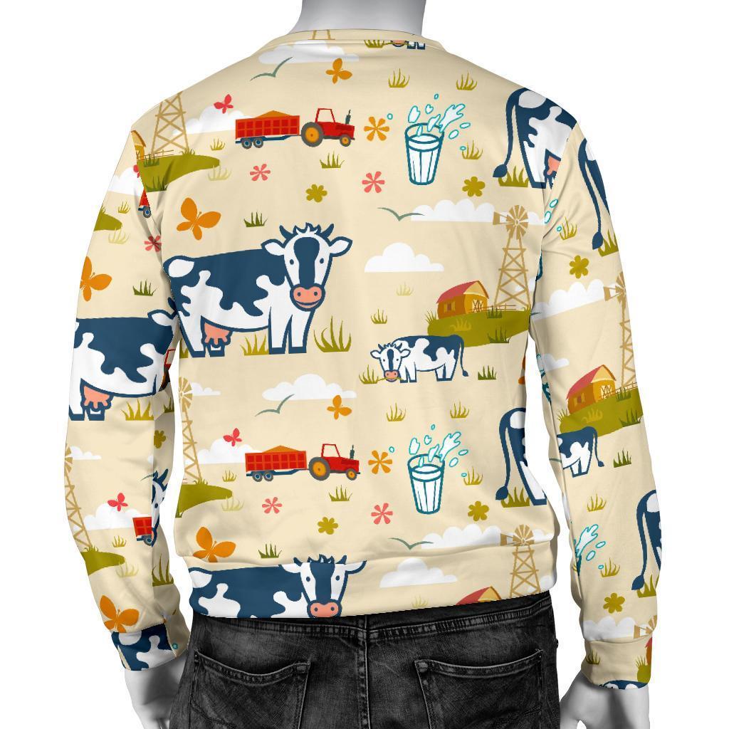 Cartoon Dairy Cow Farm Pattern Print Men's Crewneck Sweatshirt GearFrost