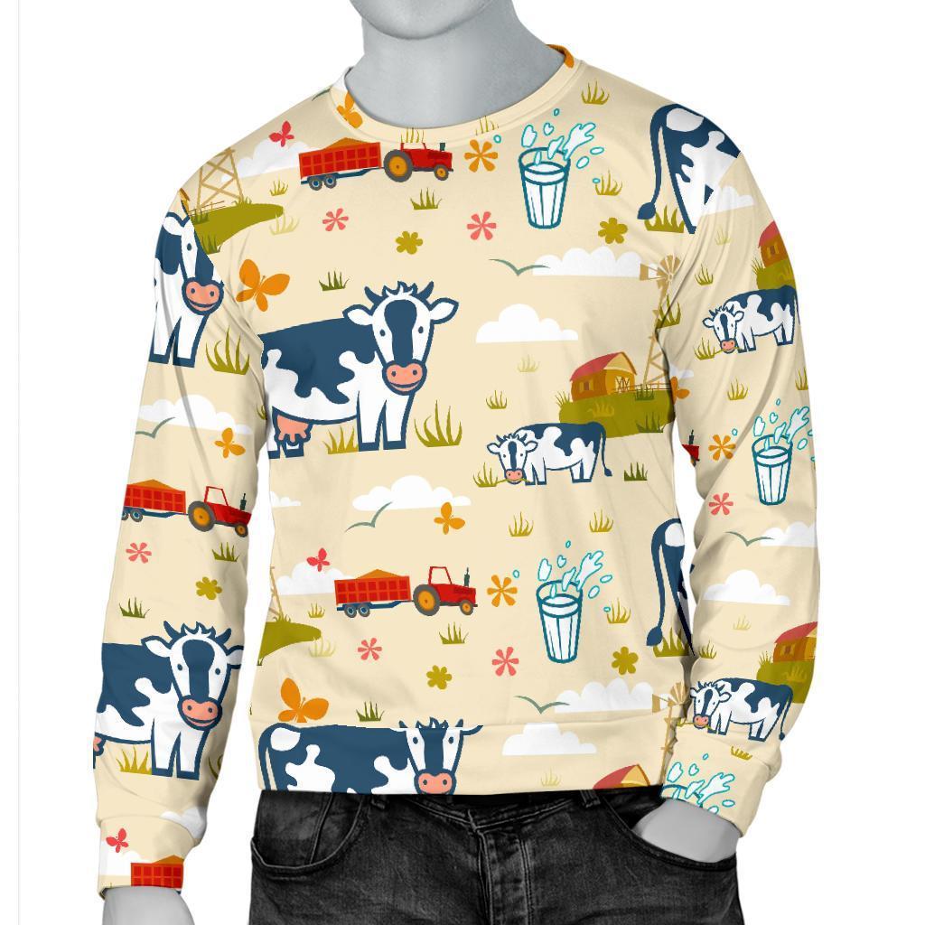 Cartoon Dairy Cow Farm Pattern Print Men's Crewneck Sweatshirt GearFrost