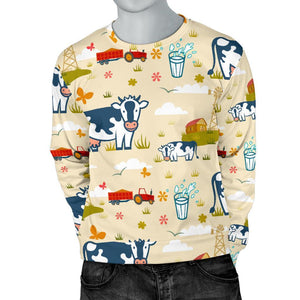 Cartoon Dairy Cow Farm Pattern Print Men's Crewneck Sweatshirt GearFrost