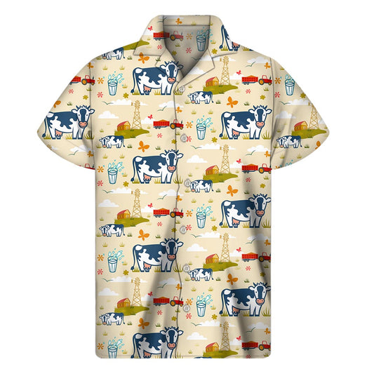 Cartoon Dairy Cow Farm Pattern Print Men's Short Sleeve Shirt