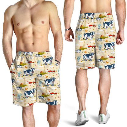 Cartoon Dairy Cow Farm Pattern Print Men's Shorts