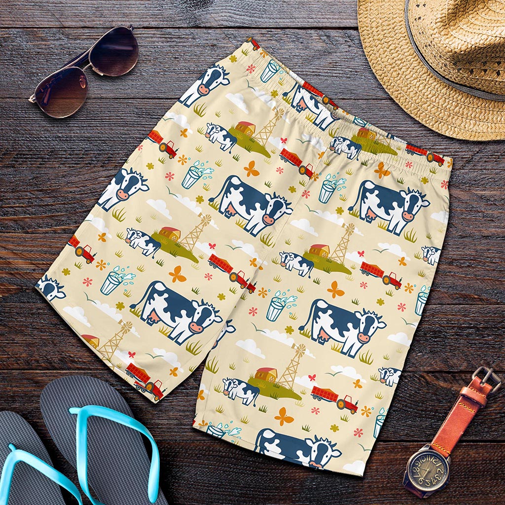 Cartoon Dairy Cow Farm Pattern Print Men's Shorts
