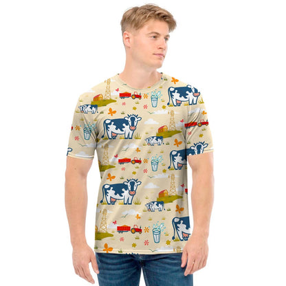 Cartoon Dairy Cow Farm Pattern Print Men's T-Shirt