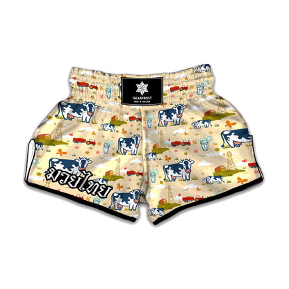 Cartoon Dairy Cow Farm Pattern Print Muay Thai Boxing Shorts