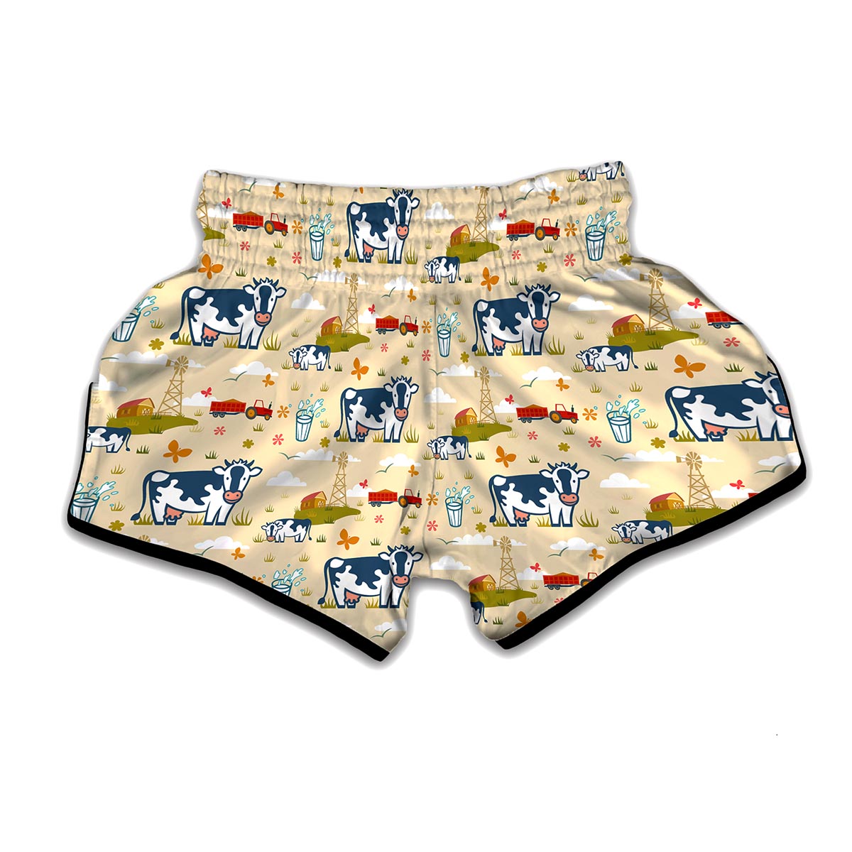 Cartoon Dairy Cow Farm Pattern Print Muay Thai Boxing Shorts
