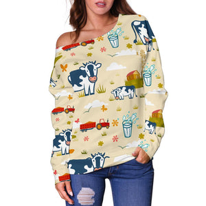 Cartoon Dairy Cow Farm Pattern Print Off Shoulder Sweatshirt GearFrost