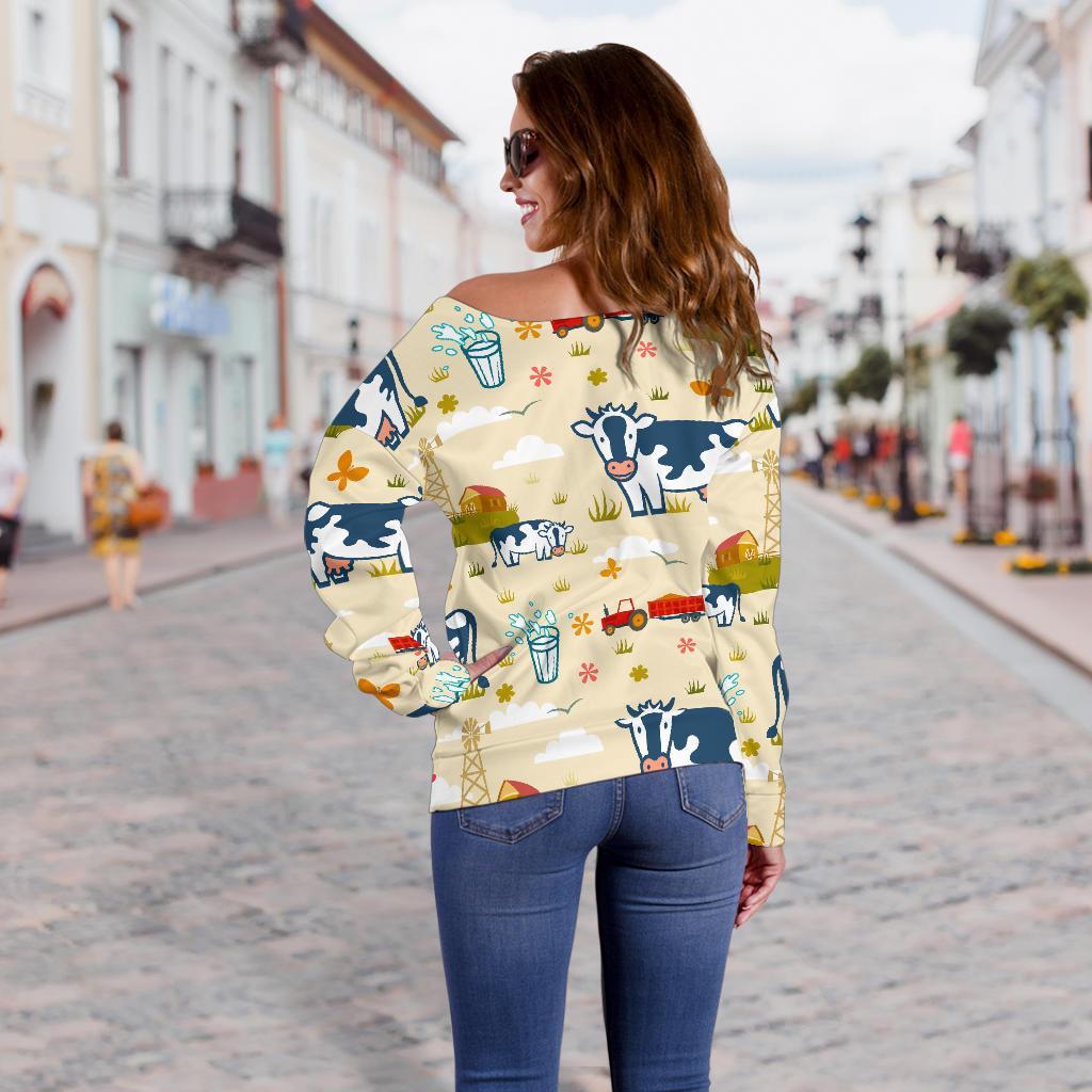 Cartoon Dairy Cow Farm Pattern Print Off Shoulder Sweatshirt GearFrost