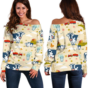 Cartoon Dairy Cow Farm Pattern Print Off Shoulder Sweatshirt GearFrost