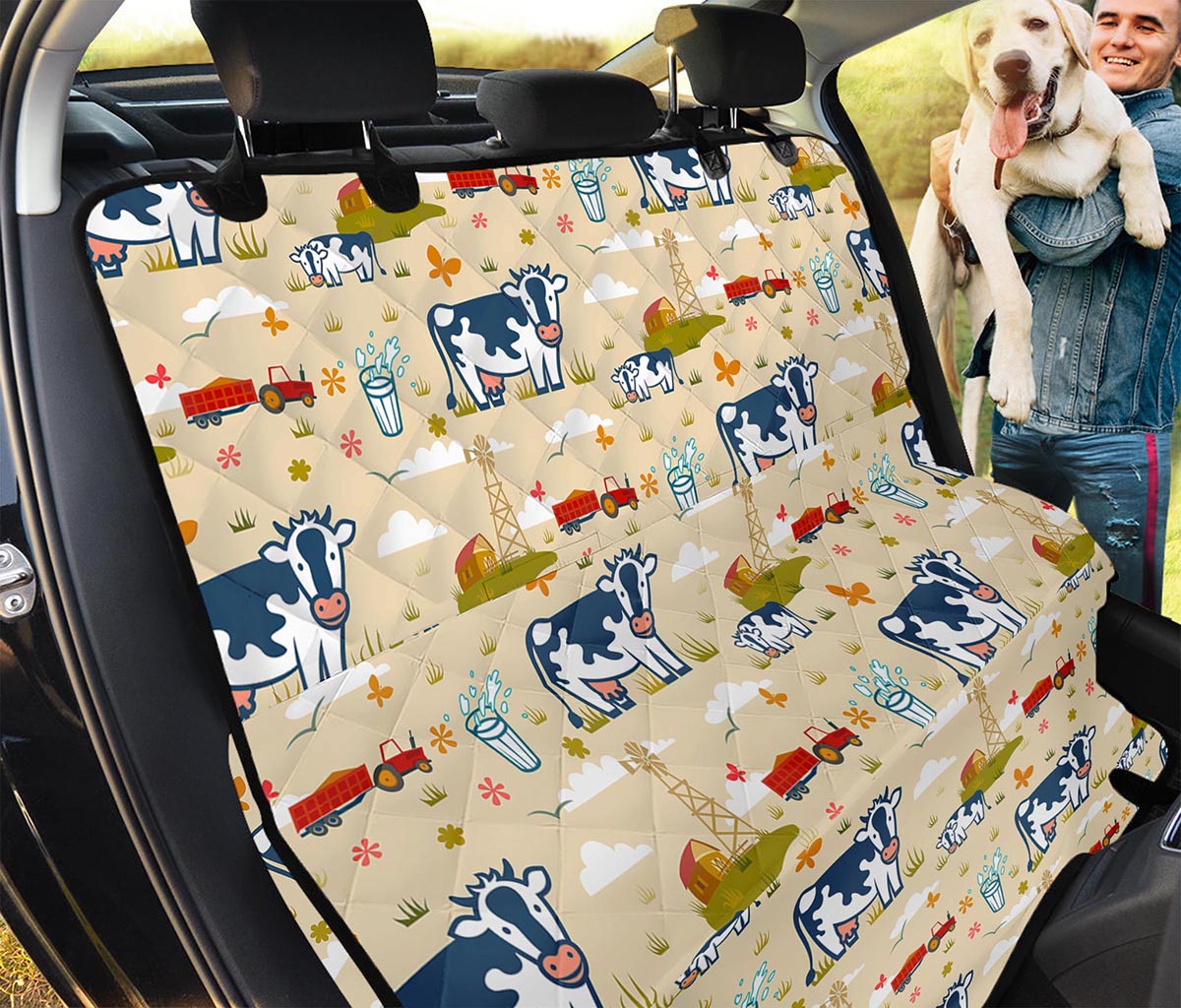 Cartoon Dairy Cow Farm Pattern Print Pet Car Back Seat Cover