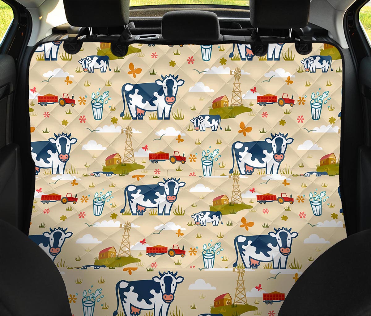 Cartoon Dairy Cow Farm Pattern Print Pet Car Back Seat Cover