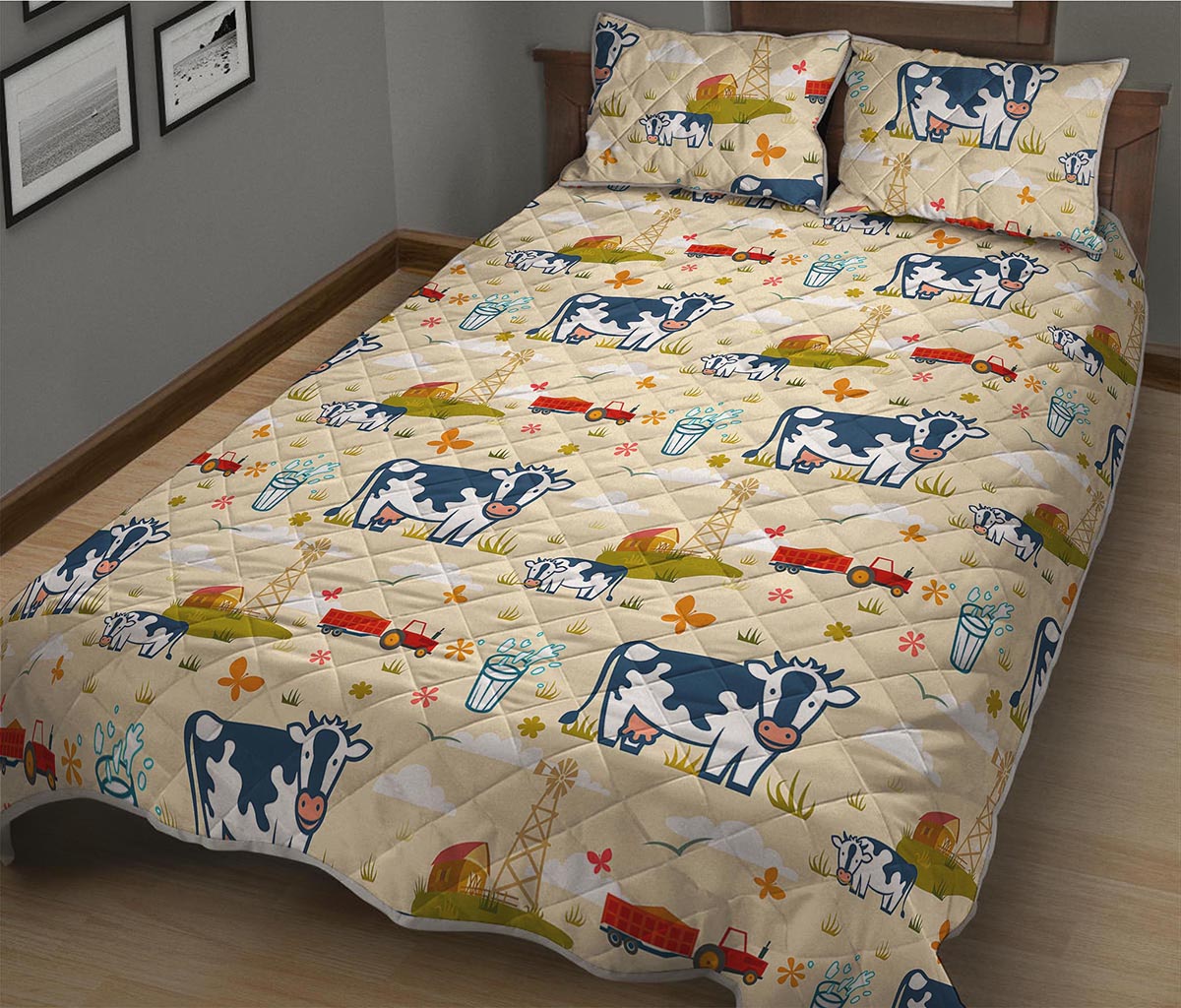 Cartoon Dairy Cow Farm Pattern Print Quilt Bed Set