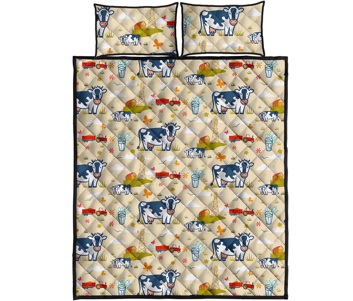 Cartoon Dairy Cow Farm Pattern Print Quilt Bed Set
