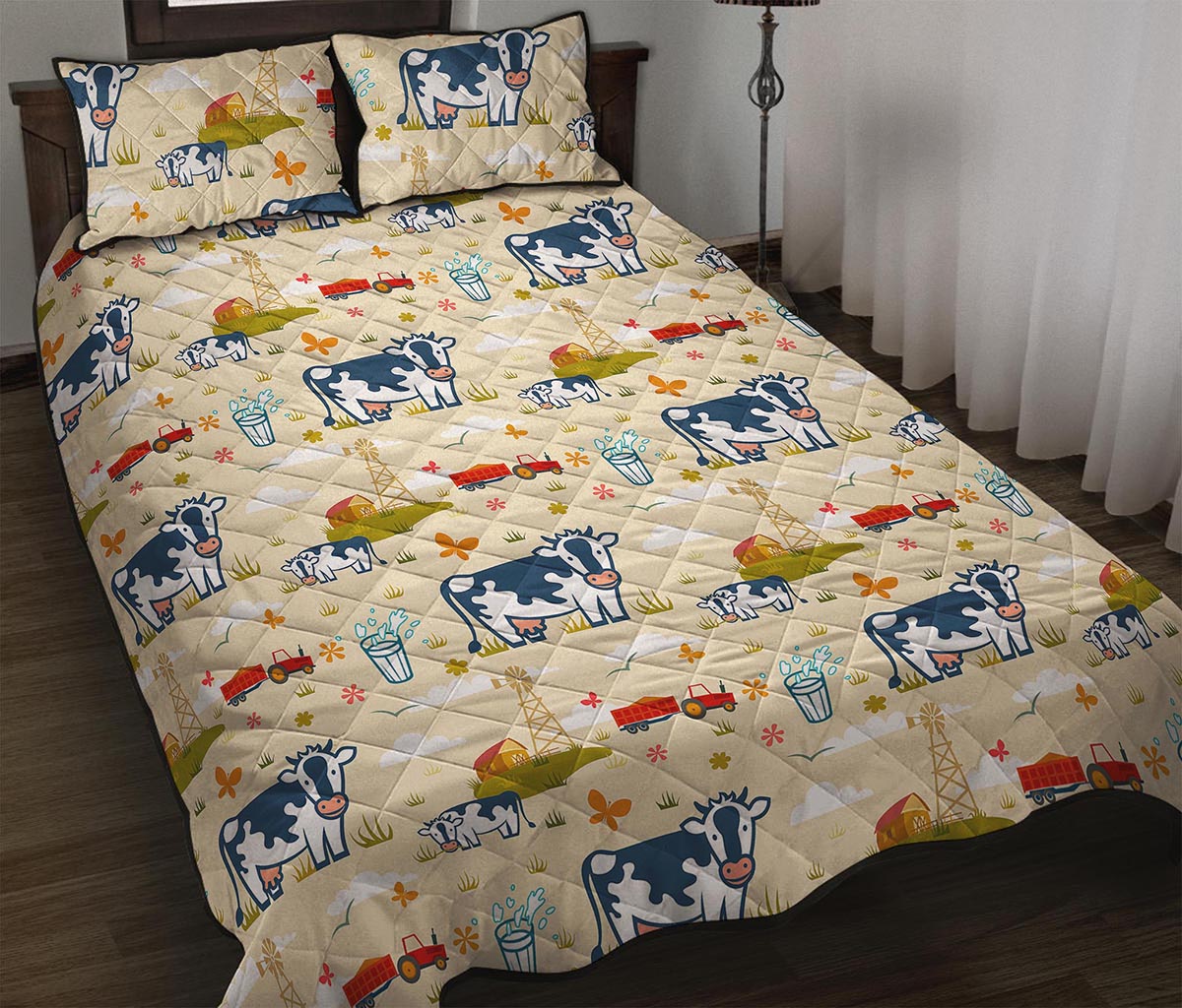 Cartoon Dairy Cow Farm Pattern Print Quilt Bed Set