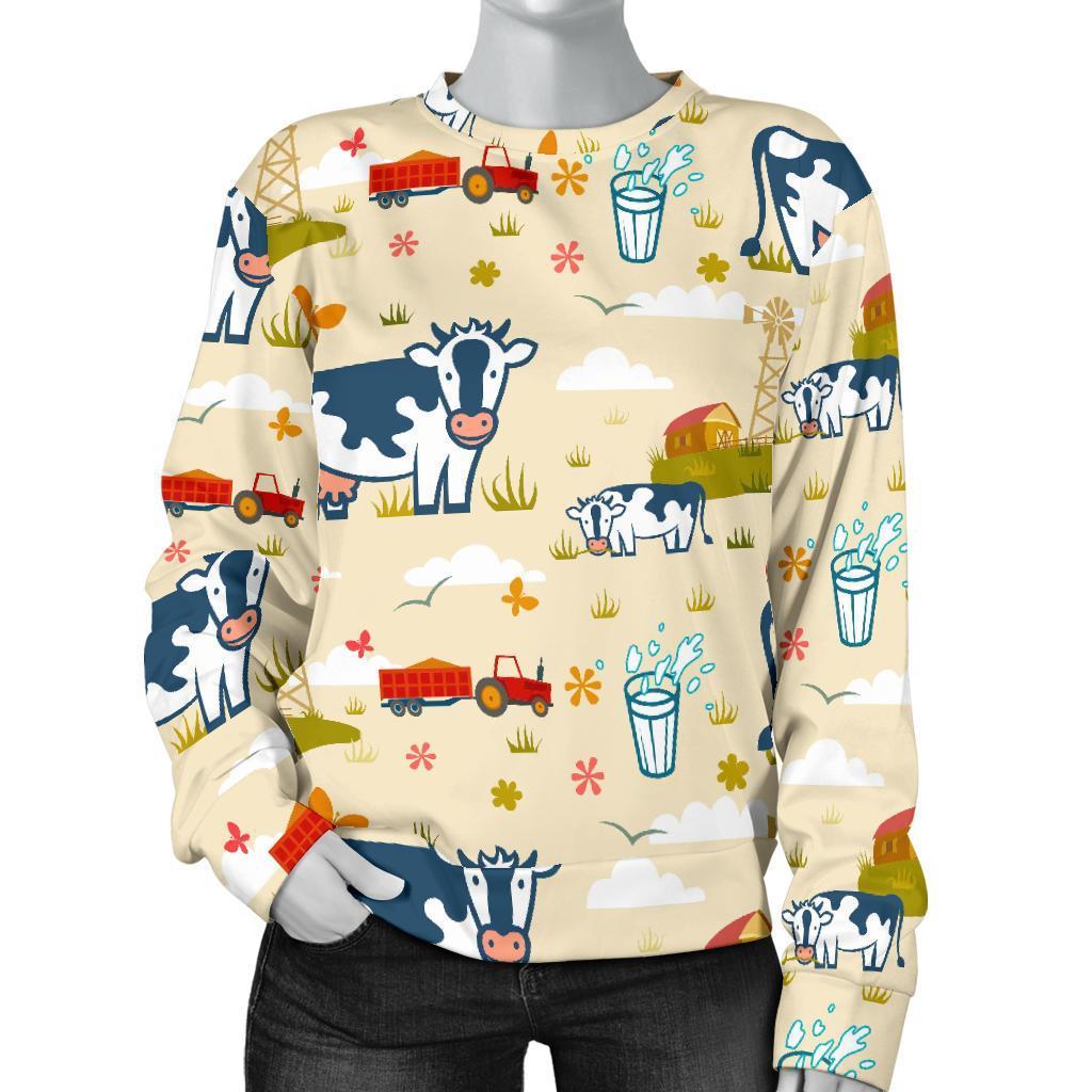 Cartoon Dairy Cow Farm Pattern Print Women's Crewneck Sweatshirt GearFrost