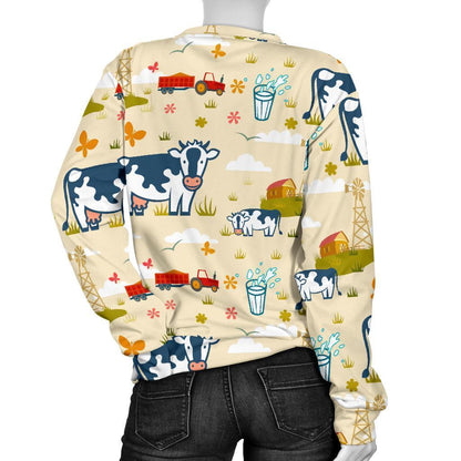 Cartoon Dairy Cow Farm Pattern Print Women's Crewneck Sweatshirt GearFrost