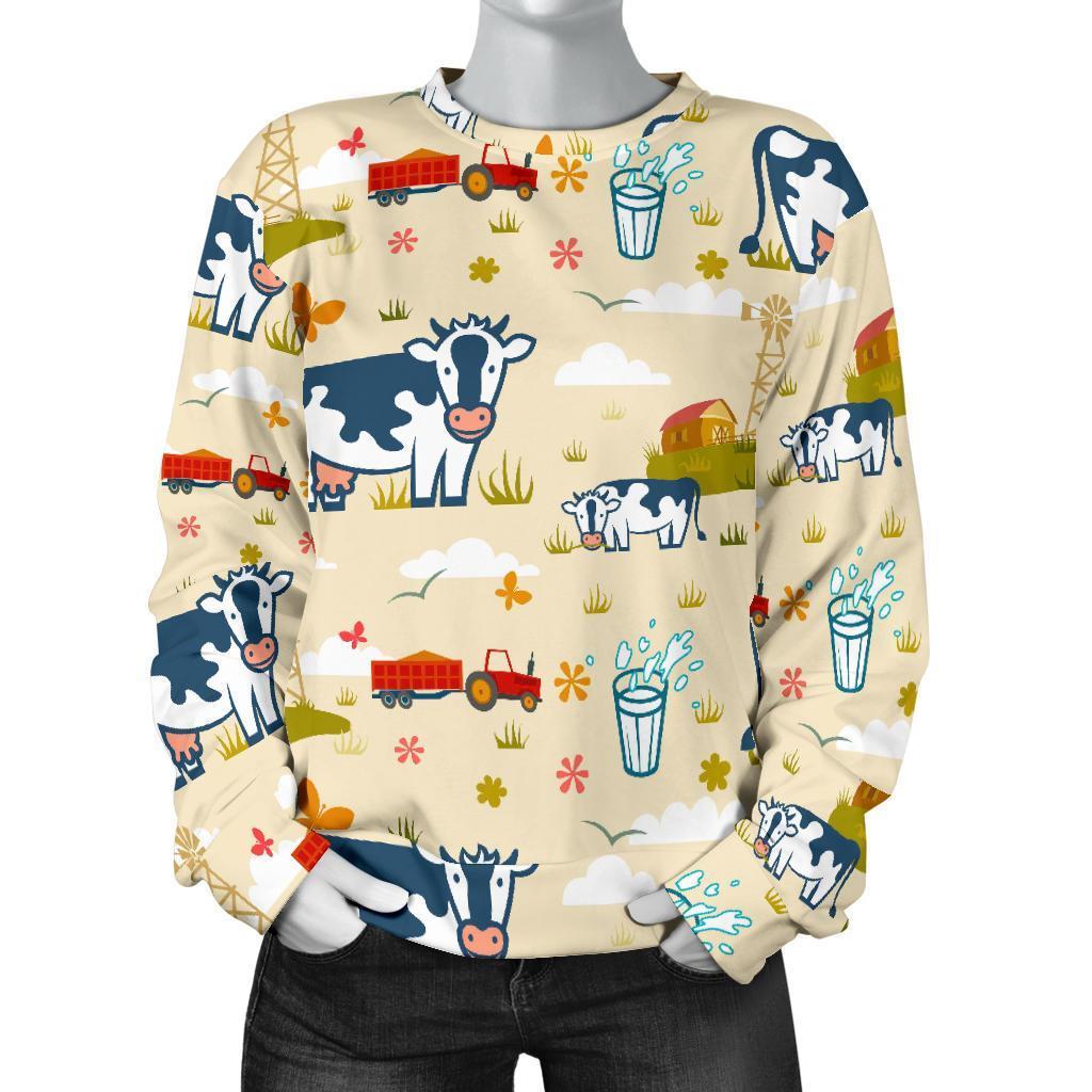 Cartoon Dairy Cow Farm Pattern Print Women's Crewneck Sweatshirt GearFrost