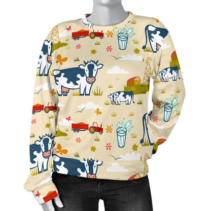 Cartoon Dairy Cow Farm Pattern Print Women's Crewneck Sweatshirt GearFrost