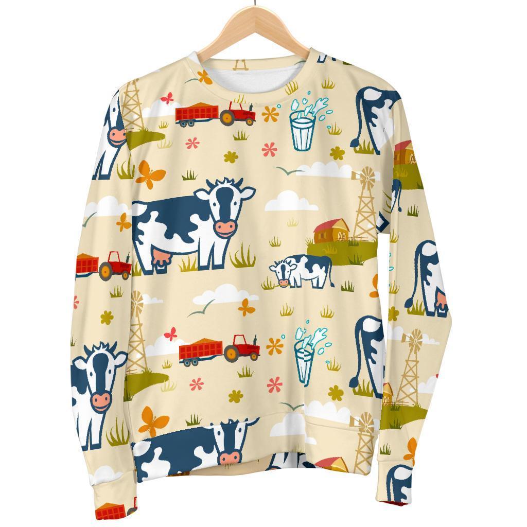 Cartoon Dairy Cow Farm Pattern Print Women's Crewneck Sweatshirt GearFrost