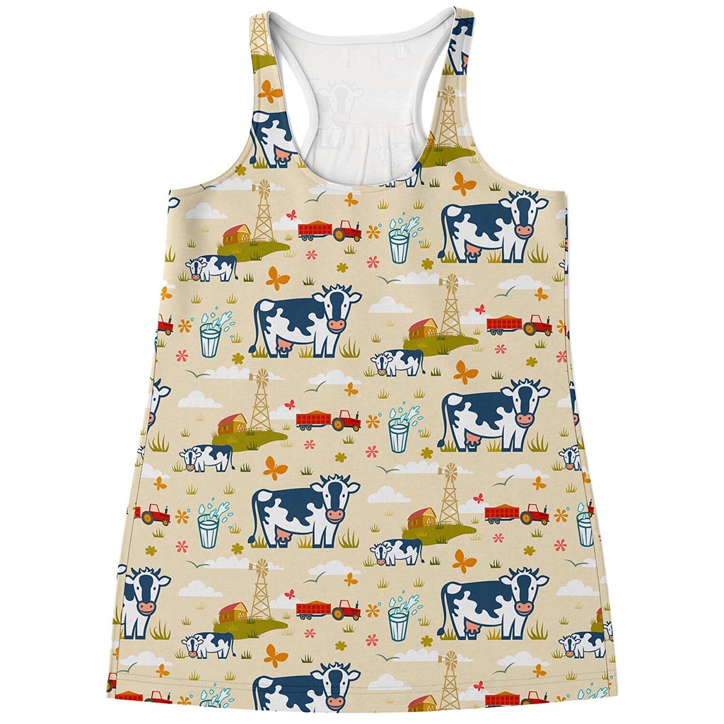 Cartoon Dairy Cow Farm Pattern Print Women's Racerback Tank Top