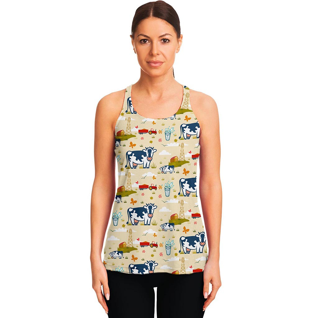 Cartoon Dairy Cow Farm Pattern Print Women's Racerback Tank Top