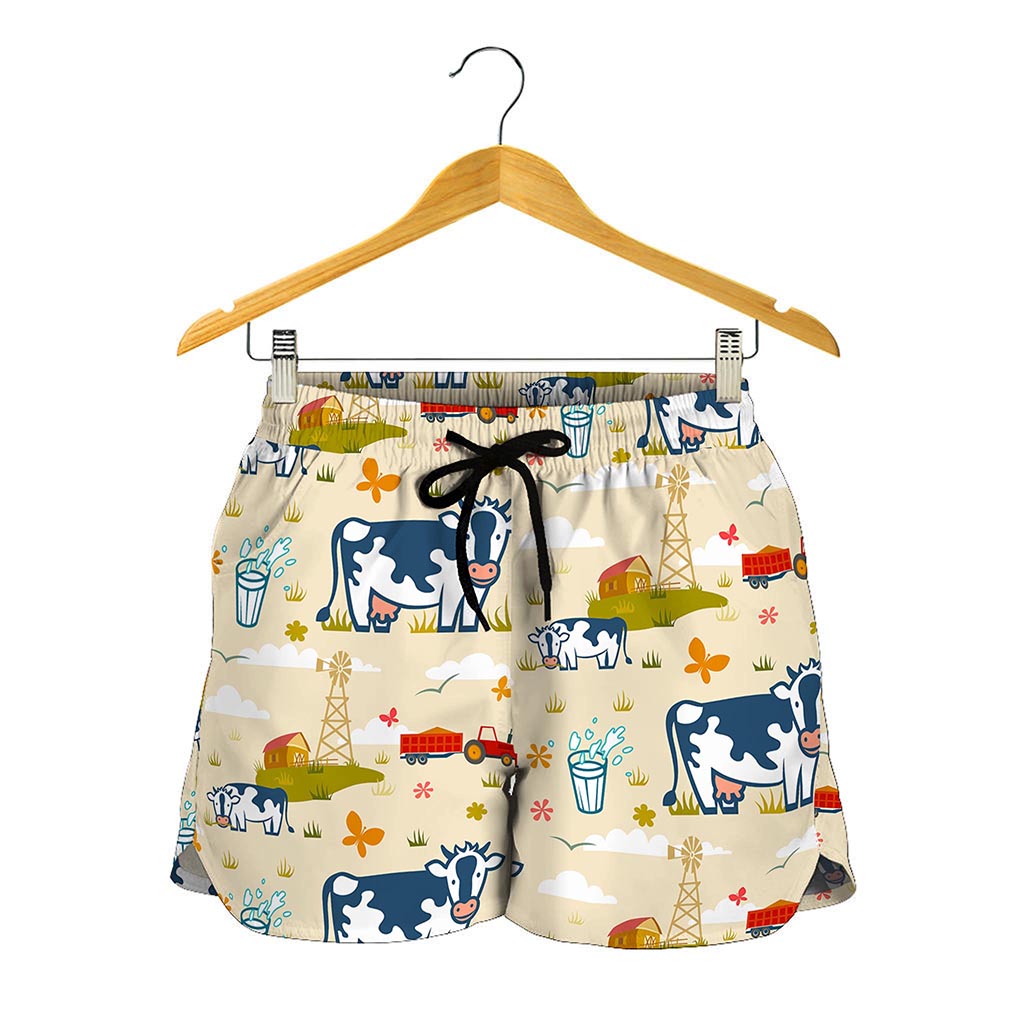 Cartoon Dairy Cow Farm Pattern Print Women's Shorts