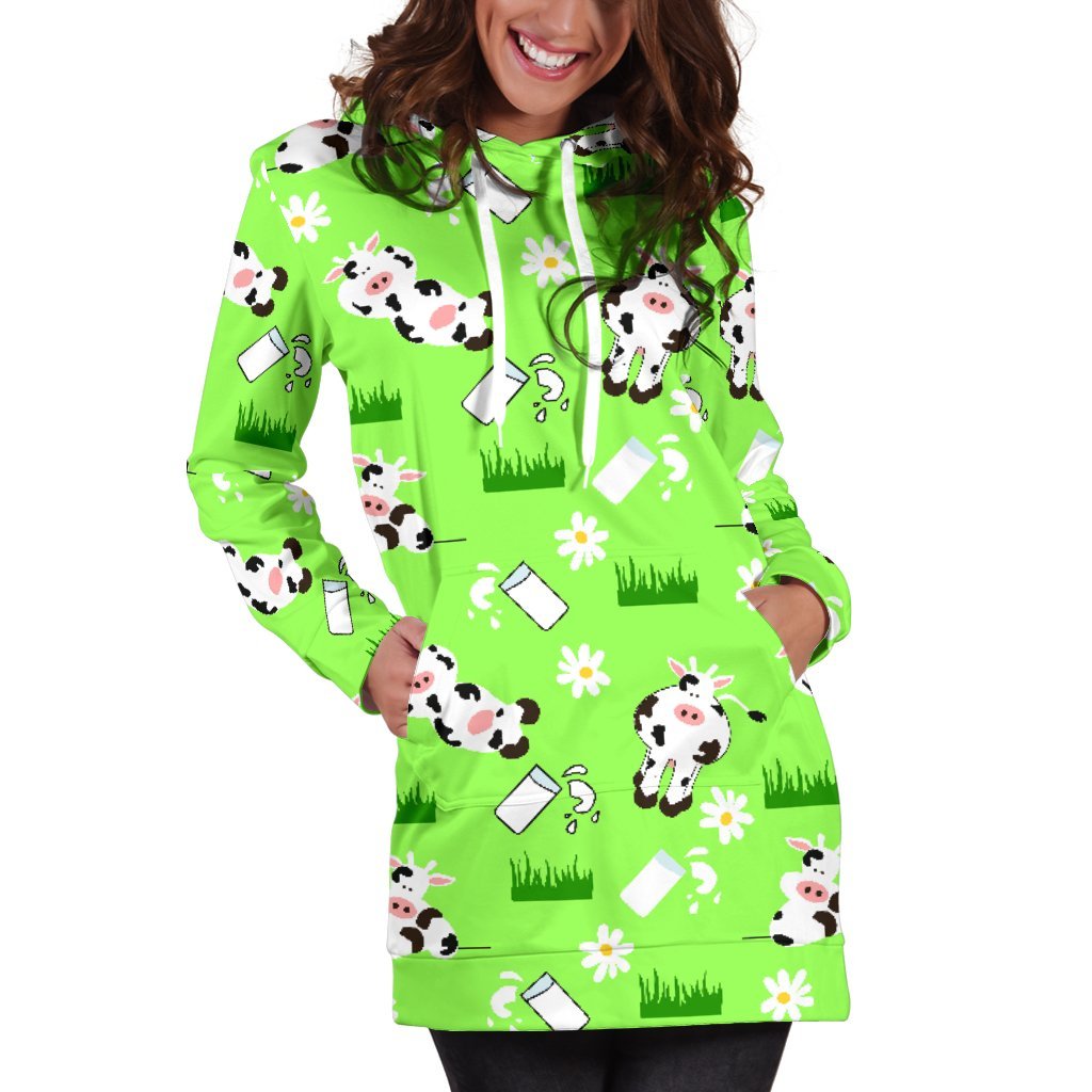 Cartoon Daisy And Cow Pattern Print Hoodie Dress GearFrost