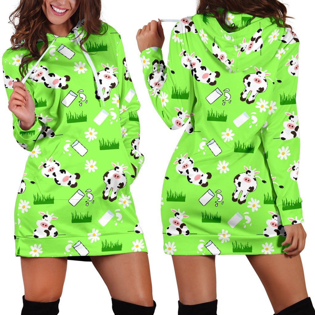 Cartoon Daisy And Cow Pattern Print Hoodie Dress GearFrost