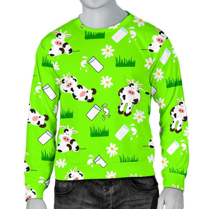Cartoon Daisy And Cow Pattern Print Men's Crewneck Sweatshirt GearFrost