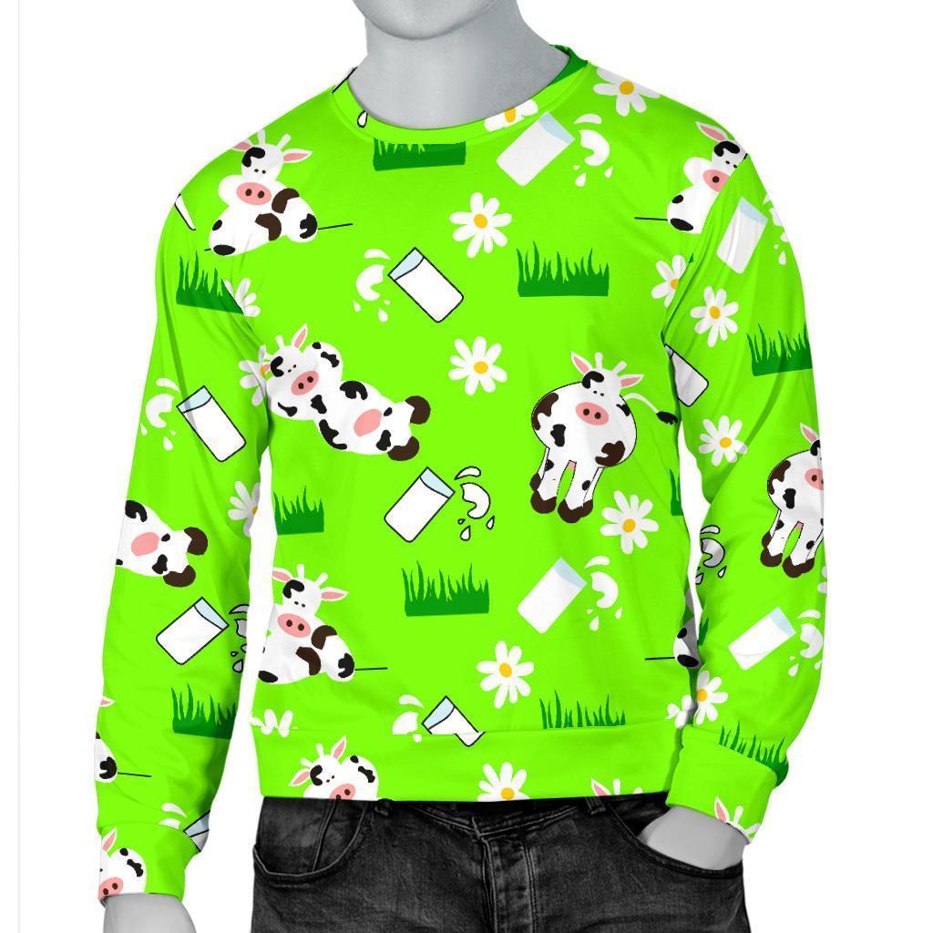 Cartoon Daisy And Cow Pattern Print Men's Crewneck Sweatshirt GearFrost