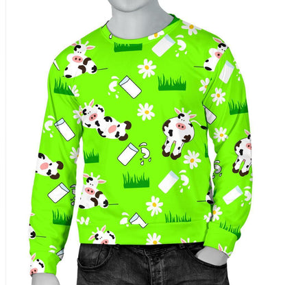 Cartoon Daisy And Cow Pattern Print Men's Crewneck Sweatshirt GearFrost