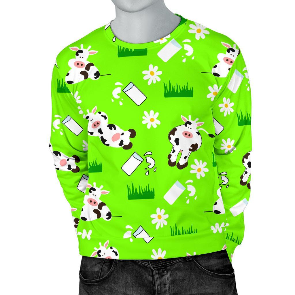 Cartoon Daisy And Cow Pattern Print Men's Crewneck Sweatshirt GearFrost
